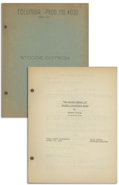 Moe Howard's 31pp. Script Dated August 1944 for The Three Stooges Film ''Idiots Deluxe'' -- Numerous Annotations in Moe's Hand Throughout & Note on Back to ''Call Uncle Babe [Curly]'' -- Very Good